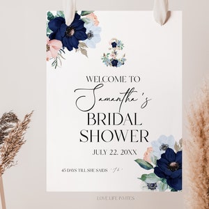 Bridal Shower Shower Welcome Sign Template, Nautical Bridal Shower Welcome, Navy Blush Floral Bridal Shower Welcome Sign, Instant Download