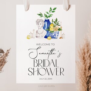 Blue Tiles Lemon Bridal Shower Welcome Sign, Mediterranean Bridal Shower, Italian Bridal Decor Positano Printable Template, Instant Download