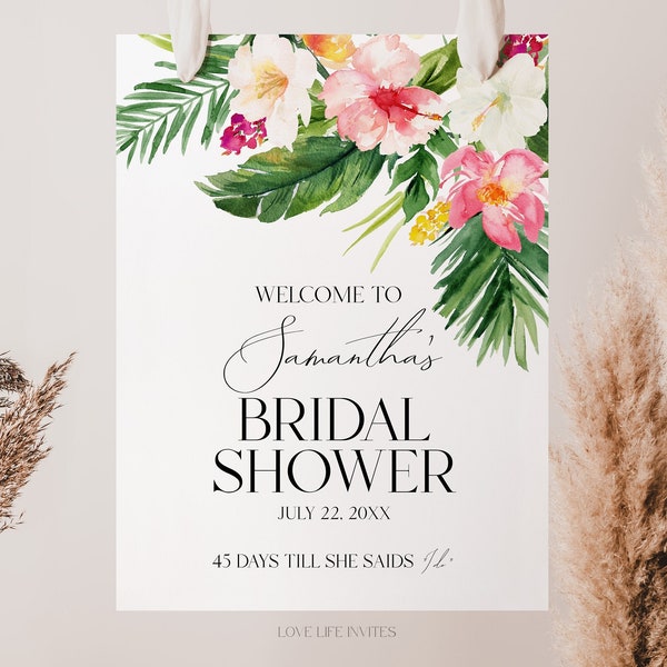 Panneau de bienvenue de la douche nuptiale tropicale, Affiche de bienvenue de la douche nuptiale florale, Décor de douche nuptiale verdoyante, Mariage hawaïen, Téléchargement instantané