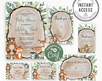 Virtual Woodland Baby Shower Invitation Template, Woodland Creatures Baby Shower Invite, Woodland Animals Rustic Baby Shower Invitation Boy
