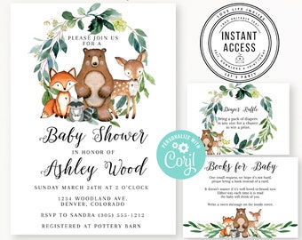 Modèle d’invitation à la baby shower des bois, invitation à la baby shower des animaux des bois de verdure, lot de baby shower, livres pour bébé, tombola de couches