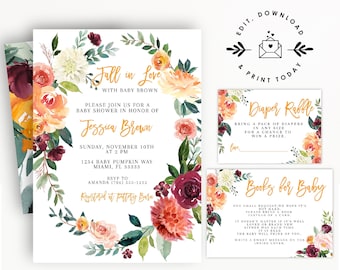Fall In Love Baby Shower Invitation Set, Editable Fall Shower Invite Template, Instant Download Boho Floral Autumn Invites, Printable Baby
