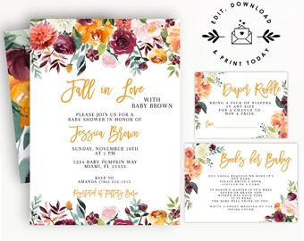 Fall In Love Baby Shower Invitation Set, Editable Fall Shower Invite Template, Instant Download Rustic Boho Floral Autumn Invites