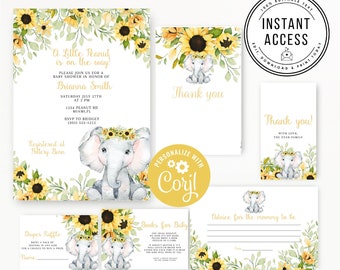 Elephant Sunflower Baby Shower Bundle, Yellow Elephant Baby Shower Invitation, Elephant Girl Baby Shower Invites, Sunflower Shower Invite