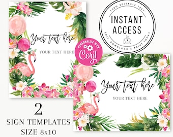 Pink Flamingo Sign Templates,  Editable Luau Baby Shower Custom Decor, Instant Download Tropical Birthday Party Table  8x10 Blank Signs