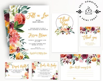 May include: A collection of baby shower invitations and cards with floral designs in shades of orange, pink, and burgundy. The text includes "Fall in Love," "Thank You," and baby shower details. Eucalyptus leaves are at the top.