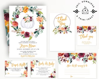 Fall Pumpkin Baby Shower Invitation, Autumn Baby Shower Invite Template, Editable Rustic Baby Shower Suite, Instant Download Shower Suite