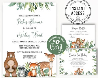 Peut inclure: Un ensemble d'invitations pour baby shower avec des illustrations à l'aquarelle d'un ours, d'un raton laveur, d'un renard et d'un cerf. Le texte inclut les détails de l'événement pour Ashley Wood, une carte de tombola et une carte de livres.