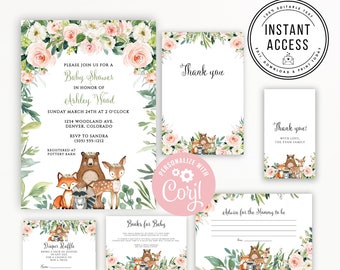 May include: A set of baby shower stationery including an invitation, thank you cards, diaper raffle, books for baby, and advice cards. Each piece features watercolor illustrations of a bear, fox, raccoon, and deer with pink floral accents.