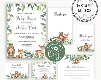 Peut inclure: Un ensemble de papeterie pour fête prénatale avec des animaux de la forêt à l'aquarelle, dont un ours, un renard, un raton laveur et un cerf. L'ensemble comprend une invitation, des cartes de remerciement, des cartes de conseils et de jeux.