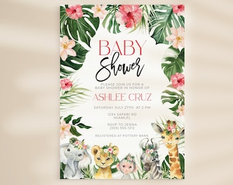 May include: Baby shower invitation with a tropical theme. The invitation features the text "Baby Shower" in red and black script, surrounded by watercolor illustrations of jungle leaves, pink flowers, and safari animals.