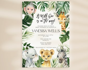 May include: A baby shower invitation with a jungle theme. The invitation features watercolor illustrations of a monkey, giraffe, elephant, lion, and zebra, surrounded by tropical leaves. Text reads "A Wild One is on the way!" and includes event details.