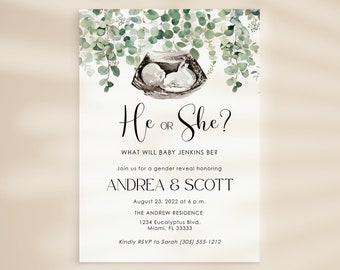 Gender Reveal Invitation Template, Boy or Girl, He or She Invite, Gender Reveal Party, Printable Editable Digital Invite, Greenery Invite