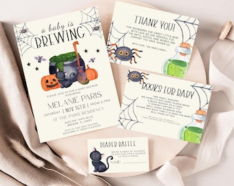 A Baby is Brewing Baby Shower Invitation, Halloween Baby Shower Bundle, Spooky Baby Shower Invite, Halloween Baby Shower Invitation Set