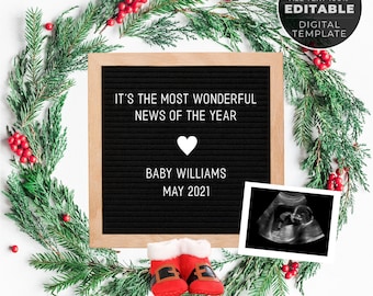 Christmas Pregnancy Announcement Digital, Baby Announcement Digital Social Media, Neutral Boho Santa Christmas Baby Editable Template DIY