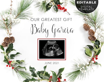 Digitalt graviditetsmeddelande för jul, digitalt bebismeddelande för sociala medier, redigerbar mall för neutral bohemisk jultomtebaby