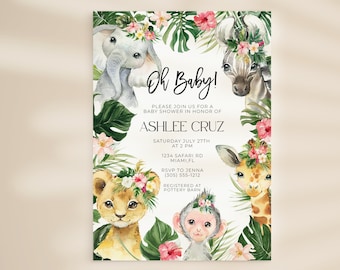 Puede incluir: Una invitación a un baby shower con ilustraciones de acuarela de animales de safari, incluyendo un elefante, un león, una jirafa, una cebra y un mono, rodeados de follaje y flores tropicales. El texto dice "Oh Baby!" e incluye detalles del evento.