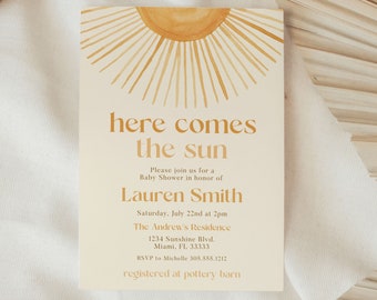 Sun Baby Shower Invitation, Sunshine Baby Shower Invite, Boho Sun Baby Shower Template, Here comes the son Invitation Boy, Digital Download