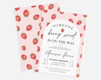 Strawberry Baby Shower Invitation, Berry Sweet Baby on the Way Invite, Berry Sweet Invitation Strawberry Themed Invitation Editable Template