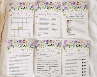 Vlinder baby shower spelletjes bundel, baby shower games, spelsjabloon, afdrukbare baby shower games, paarse vlinder baby shower bingo