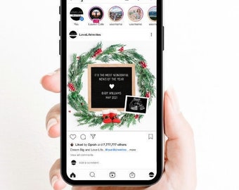 Digitalt graviditetsmeddelande för jul, digitalt bebismeddelande för sociala medier, redigerbar mall för neutral bohemisk jultomtebaby