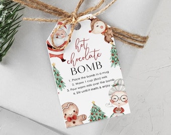 Presentetikett med varm choklad, presentetikett med julgranskulor, utskrivbar presentetikett med varm choklad till jul, varm chokladmix till högtider, etikett med varm chokladbomb, julkakao