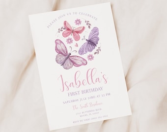 Butterfly Birthday Invitation, Pastel Pink Purple Butterflies 1st Birthday Invite, First Birthday Invitation, Birthday Girl Butterfly Party