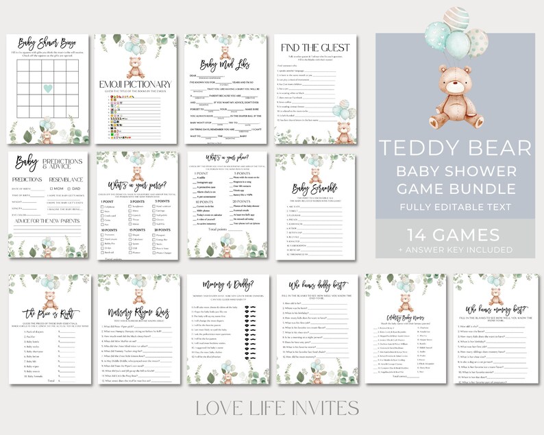 Teddy Bear Baby Shower Games Bundle, Boy Baby Shower Game Bundle, Bingo, Price is right, Bear Printable Baby Games Bundle, Instant Download image 1