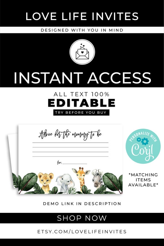 Safari Baby Shower Advice Cards Virtual Baby Shower Jungle Etsy