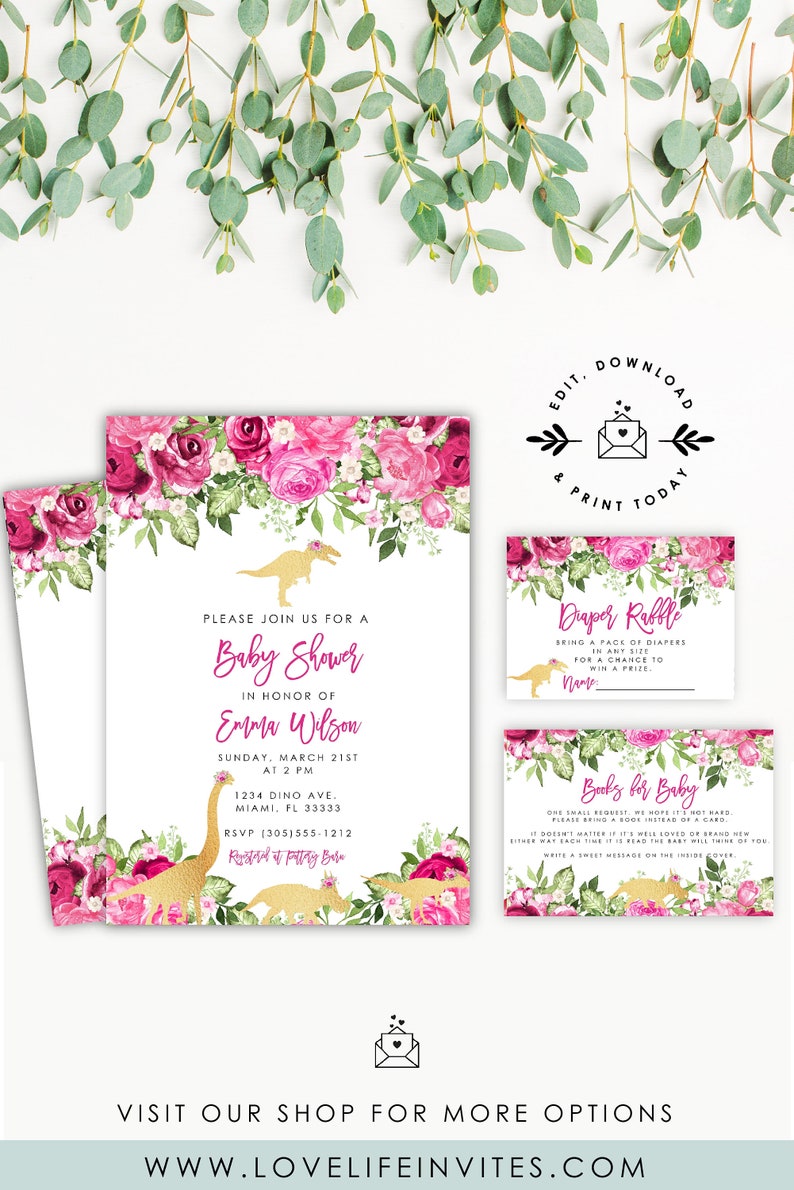 Girl Dinosaur Baby Shower invitation Dinosaur Invitation Etsy