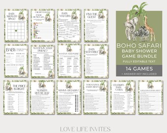 Safari Baby Shower Spiele Bundle, Boho Safari Baby Shower Spiele, Dschungel Tiere Baby Shower Spiele Bundle, Greenery Tropical, bearbeitbare Spiele