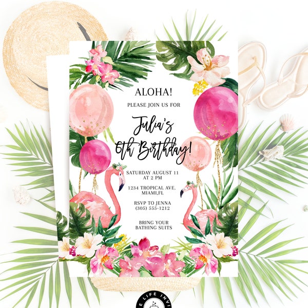 Flamingo Birthday Invitation, Flamingo Birthday Invite, Tropical Birthday Party Invitation Template, Virtual Birthday Party Invite Template