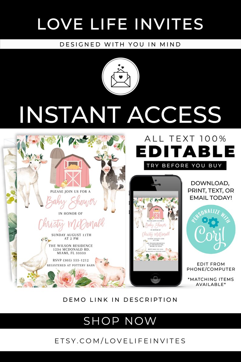 Farm Baby Shower Invitation Girl Baby Shower Invitation Etsy