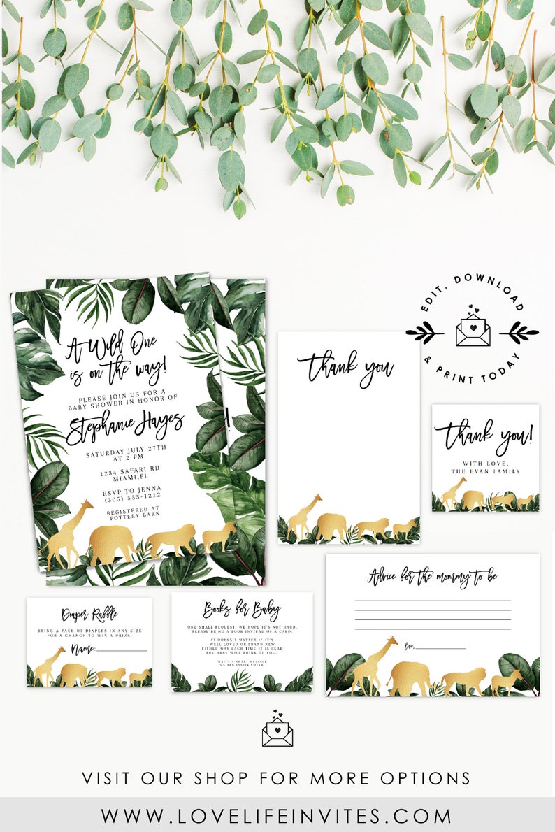 Gold Safari Baby Shower Invitation Set Jungle Baby Shower Invite Safari Baby Shower Package Instant Download Editable Invitation Template - 