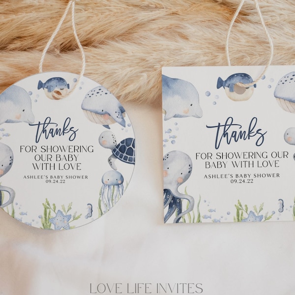 EDITABLE Under the Sea Favor Tags, Ocean Baby Shower Thank You Tags, Whale Gift Tag, Editable, Boy, Printable Template, Instant Download