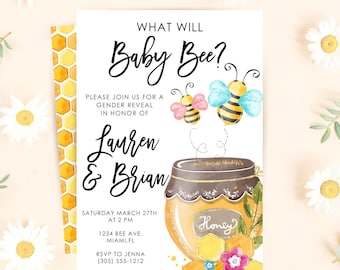 May include: A gender reveal invitation with the text "What Will Baby Bee?" featuring watercolor illustrations of bees and a honey pot. The invitation includes details for Lauren & Brian's event on March 27th at 2 PM.