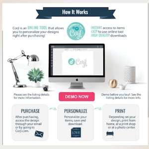May include: An infographic titled How It Works explaining the Corjl online tool. It features a computer monitor displaying the Corjl logo, a desk lamp, a succulent, and three steps: Purchase, Personalize, and Print, with a Demo Now button.