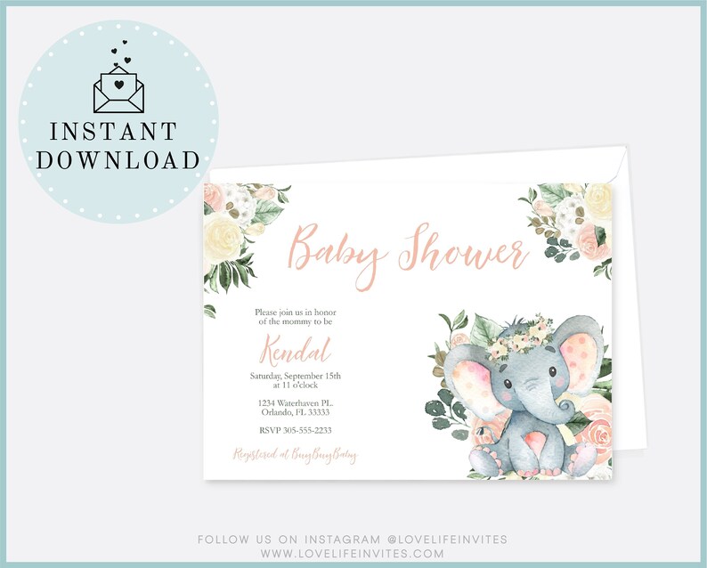 Baby Elephant Baby Shower Invitation Girl Editable Baby Girl Etsy Baby Elephant Baby Shower Invitation Girl Editable Baby Girl Etsy