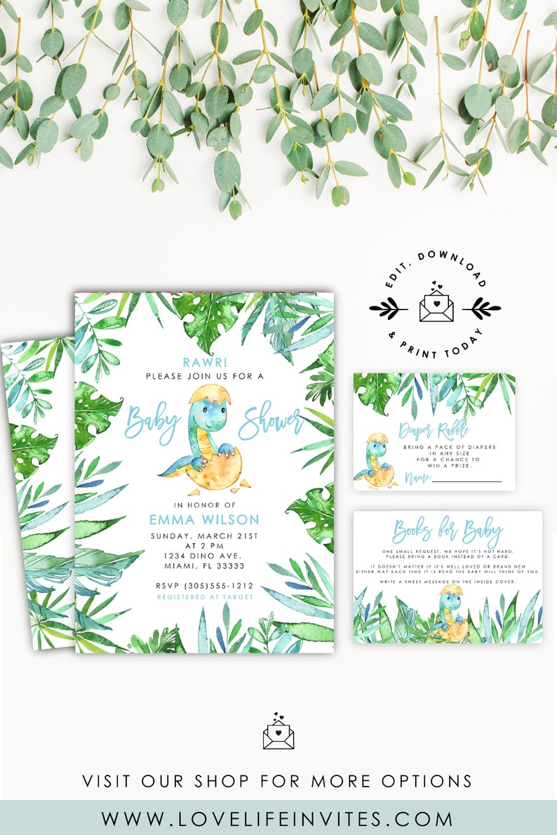 Dinosaur Gender Neutral Baby Shower Invites Watercolor Dinosaur Baby Shower Package Instant Download Dinosaur Baby Shower Invitation Set