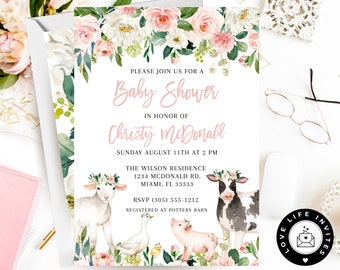 Può includere: Un invito rettangolare per baby shower con un bordo floreale ad acquerello nella parte superiore e illustrazioni di un agnello, un'oca, un pulcino, un maiale e una mucca nella parte inferiore. Il testo recita: Please join us for a Baby Shower.