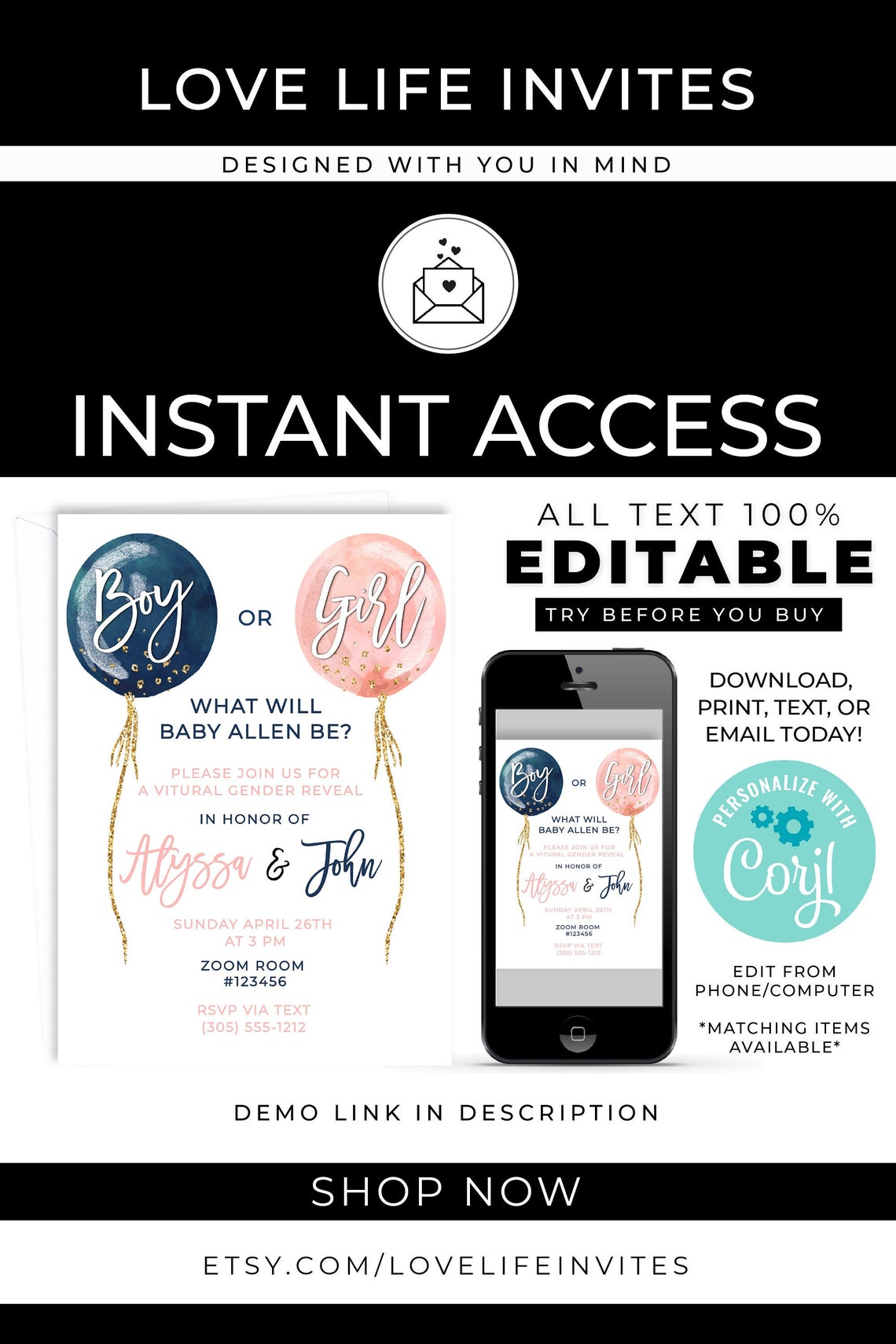Virtual Gender Reveal Invitation Template Balloon Gender | Etsy