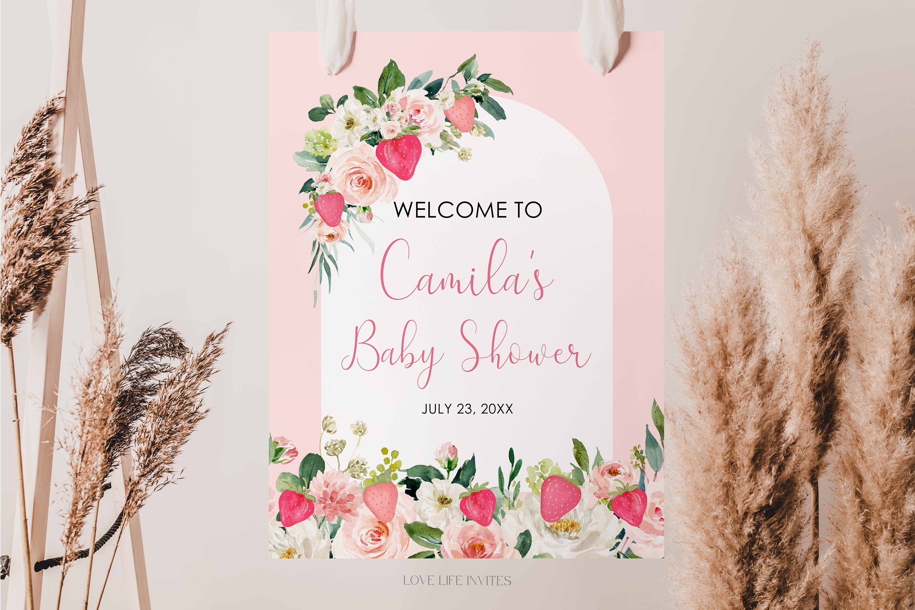 Welcome Rosa Strawberry Baby Shower Welcome Sign Template, Berry Sweet Baby Editable ...