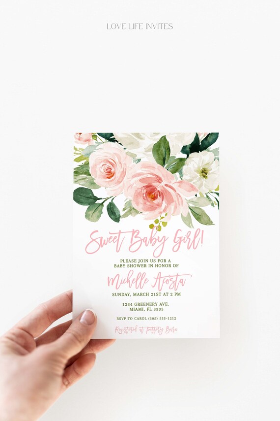 Pink Floral Baby Girl Shower Invitation Editable Virtual Etsy