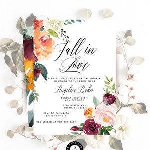 Fall in Love Bridal Shower Invitation, Fall Bridal Shower Invite, Autumn Floral Bridal Shower, Editable Bridal Shower, Elegant Bridal Shower