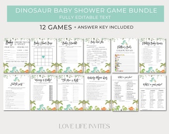 Puede incluir: Un conjunto de 12 juegos de baby shower imprimibles con temática de dinosaurios. Los juegos incluyen "Predicciones y consejos para bebés", "Bingo de baby shower", "Scramble de bebés", "Mad Libs para bebés", "Picturetionary para bebés", "Nombres de bebés oscuros", "Solo el invitado", "Mamá o papá", "El lugar es correcto", "Quiz de rimas infantiles", "Qué hay en tu bolso", y "Qué hay en tu plato".