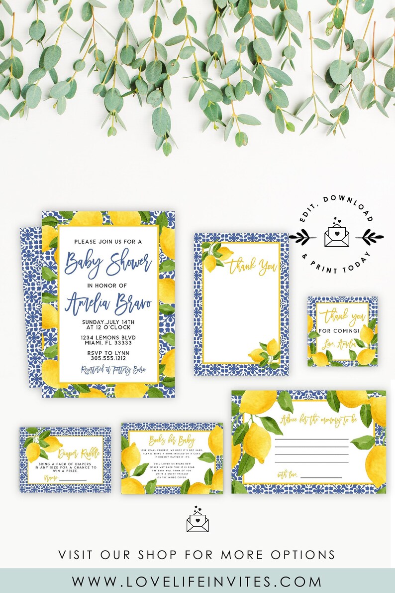 Chinoiserie Lemon Baby Shower Invitation Kit Lemon Invitation Etsy