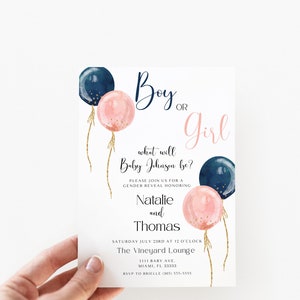 Gender Reveal Invitation, Balloon Gender Reveal, Blush Pink Navy Invite, He or She , Boy or Girl, Virtual Gender Reveal Instant Download
