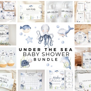 Ocean Baby Shower Bundle, Under the Sea Baby Shower Bundle, Ocean Baby Shower Invitation, Ocean Baby Shower Decor, Blue Baby Shower Bundle