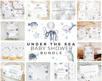 Ocean Baby Shower Bundle, Under the Sea Baby Shower Bundle, Ocean Baby Shower Invitation, Ocean Baby Shower Decor, Blue Baby Shower Bundle