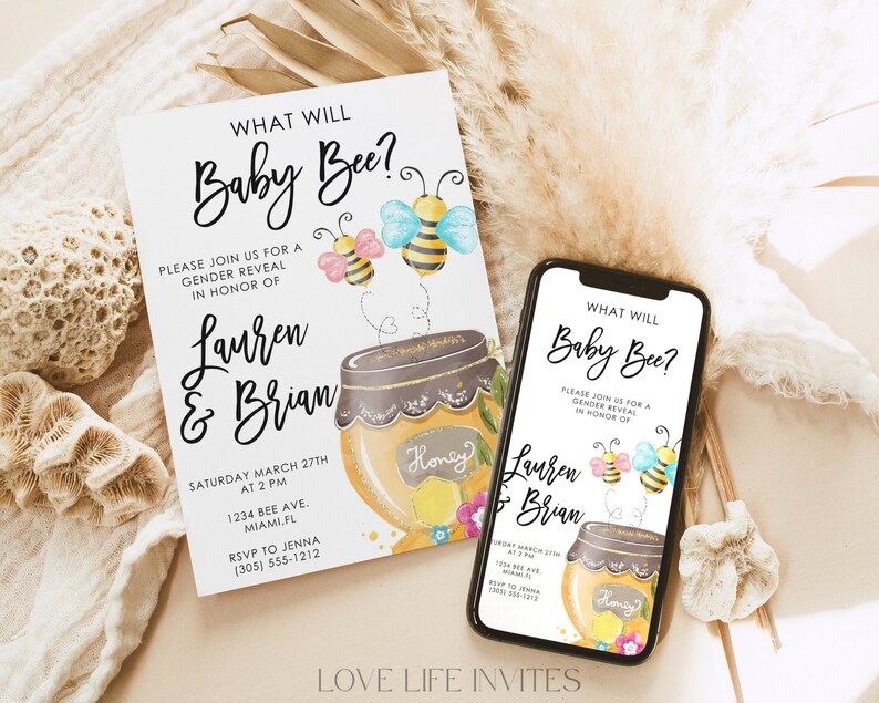 Editable Bee Gender Reveal Invitation What Will Baby Bee Etsy